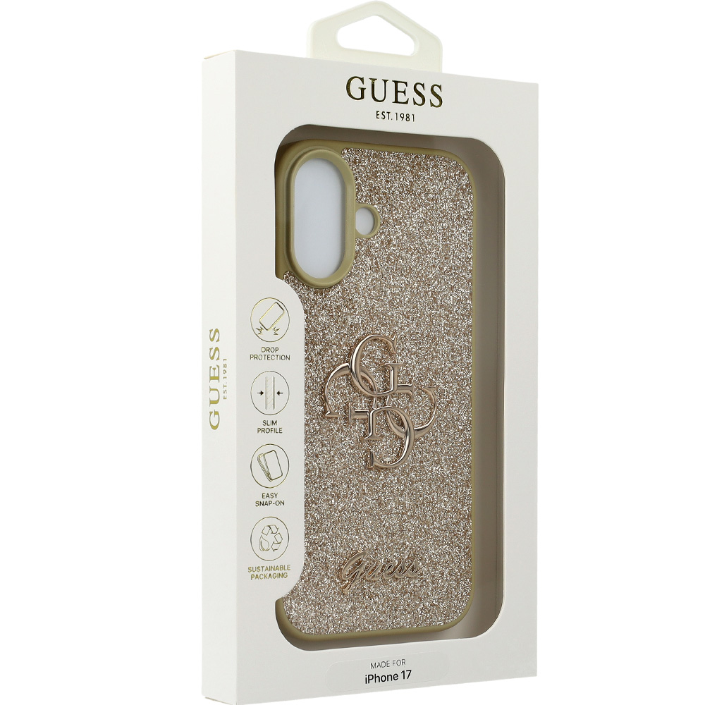 Etui Guess Fixed Glitter Big 4G do iPhone 17, złoto-brokatowe